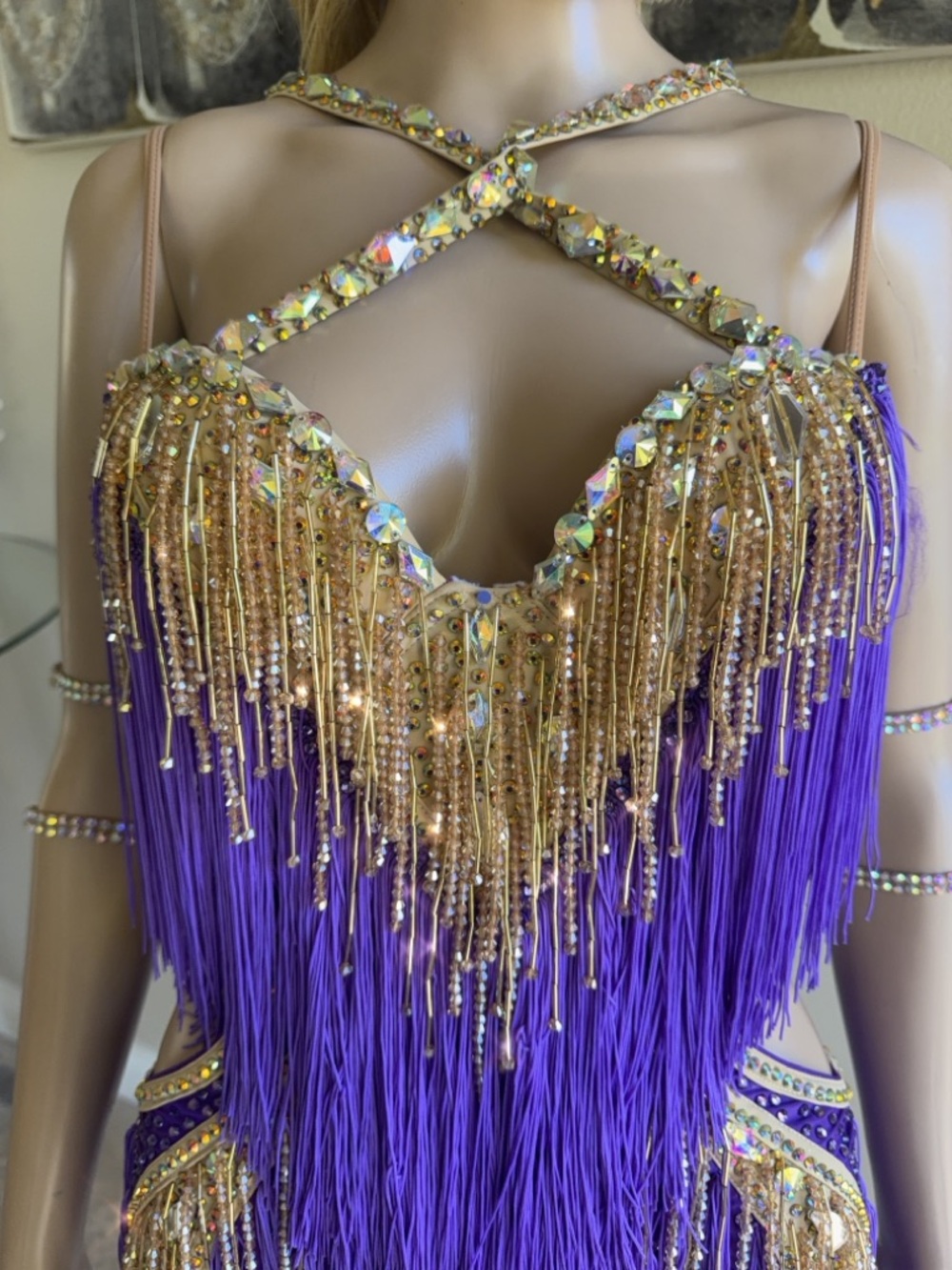 Purple Fringe & Gold Rhinestones Sequin Latin Dance Dress - Picture 4 of 10